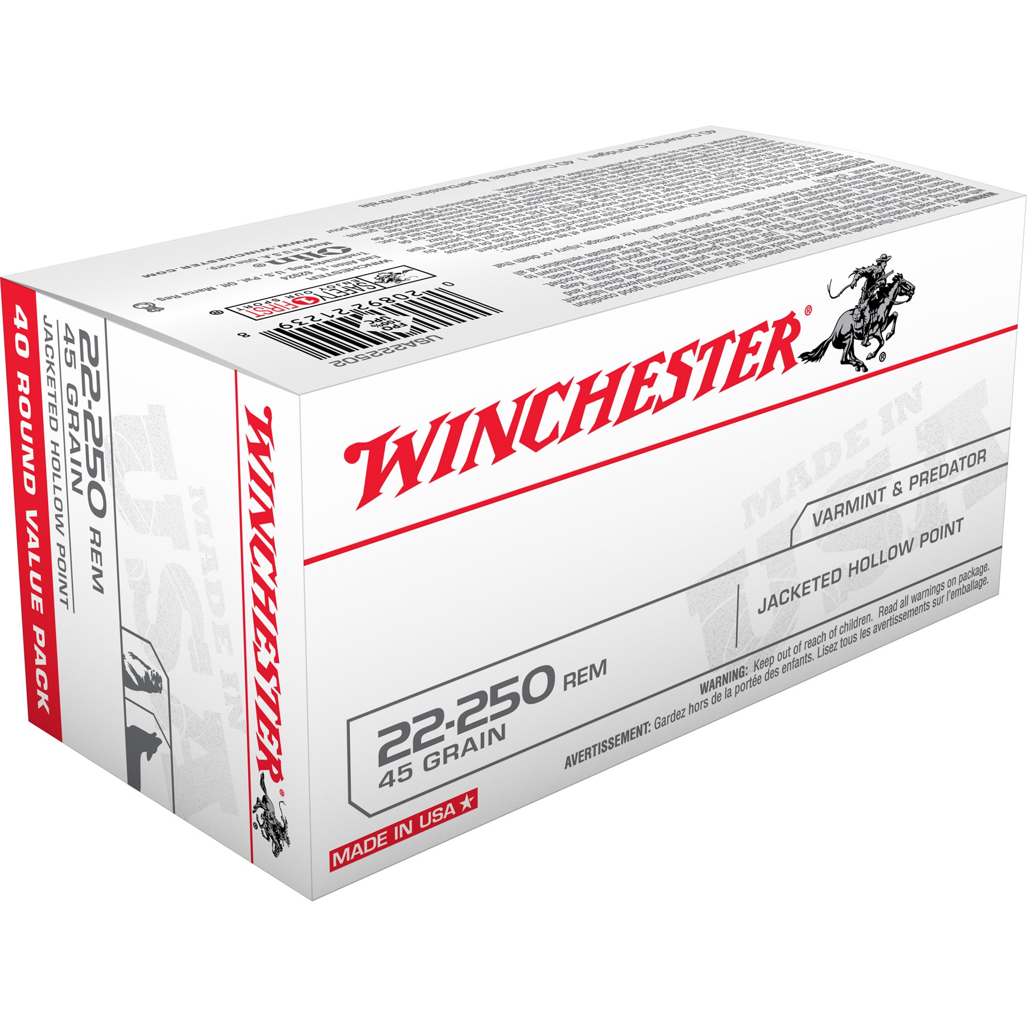 WIN USA 22-250 REM 45GR JHP 40/400 - American Ordnance