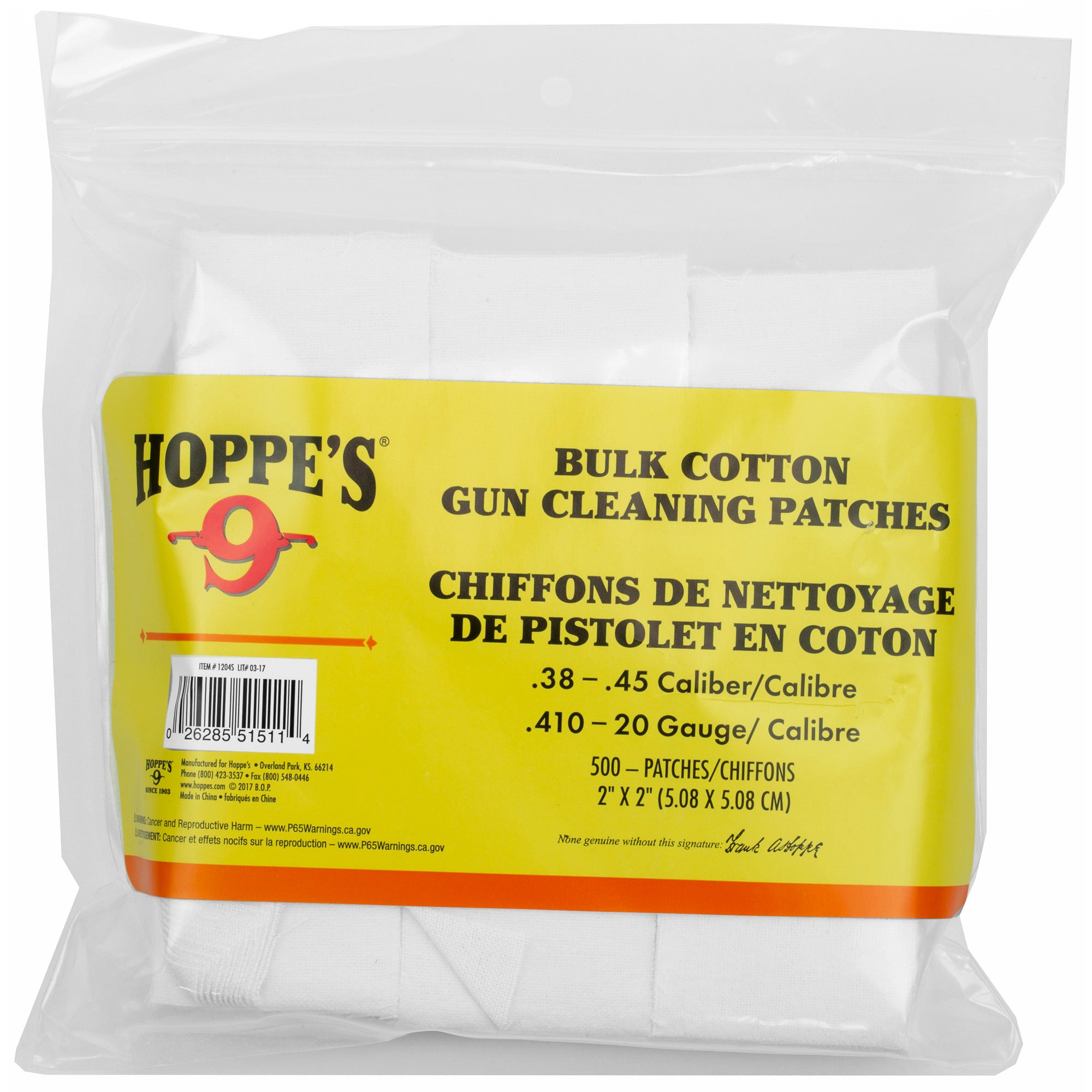 HOPPES CLNG PATCH 38-45CAL 500PK - American Ordnance