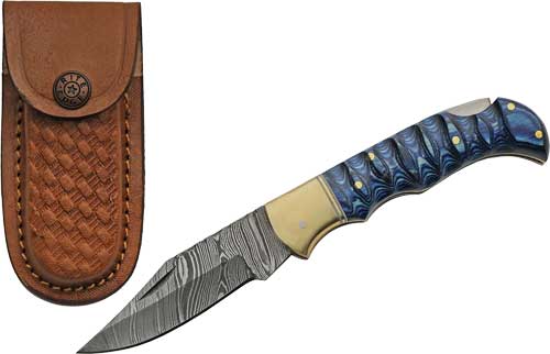 WOOD DAMASCUS LOCKBACK W/SHTHSZCO RITE EDGE 3" BLUE GROOVED - American Ordnance