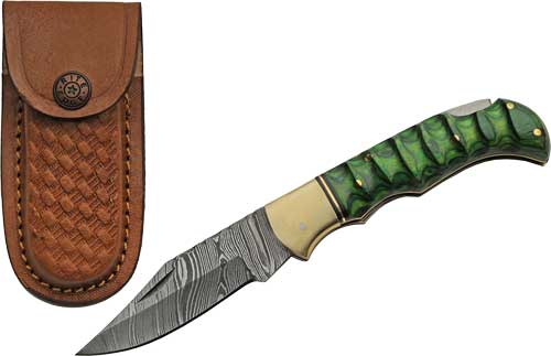 GROOVED WOOD DAMASCUS LOCKBACKSZCO RITE EDGE 3" GREEN - American Ordnance