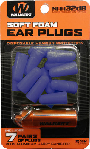 32dB 7-PAIR BLUE W/CARRY CASEWALKERS EAR PLUGS SOFT FOAM - American Ordnance