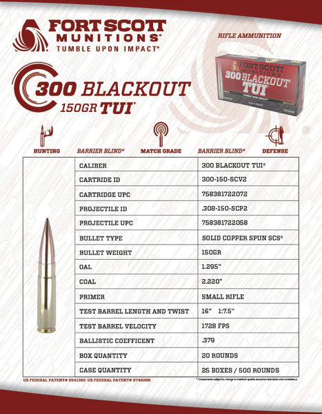 FORT SCOTT 300 AAC 150GR TUI SOLID COPPER 20RD