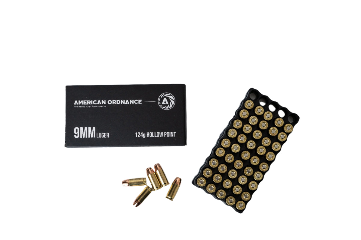 9MM Luger 124g Hollow Point 50 Round Box - American Ordnance