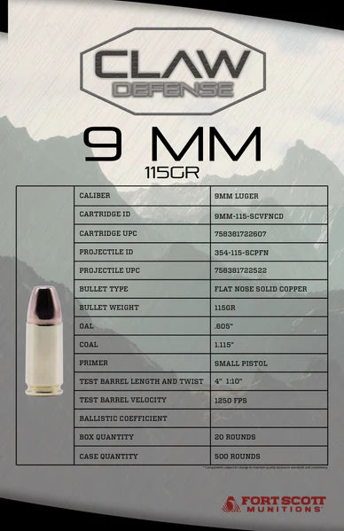 FORT SCOTT 9MM LUGER 115GR CLAW DEFENSE FN 20RD